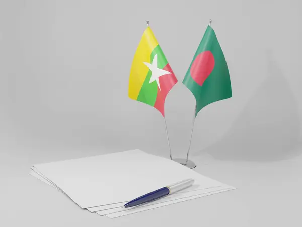 Bangladesh Banderas Del Acuerdo Myanmar Fondo Blanco Render —  Fotos de Stock