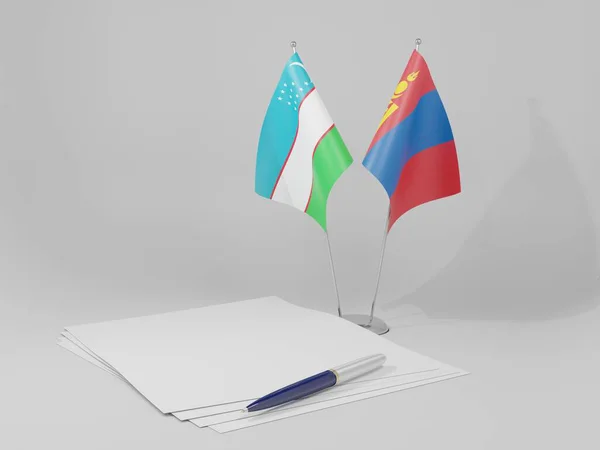 Mongolia Bandiere Dell Accordo Uzbekistan Sfondo Bianco Render — Foto Stock