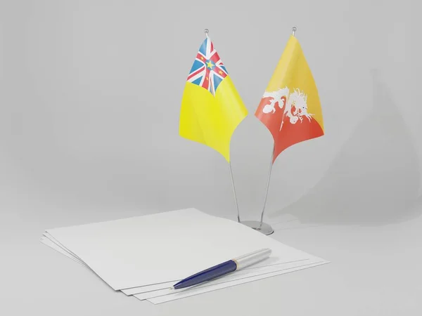 Bhutan Niue Agreement Flags White Background Render — стокове фото