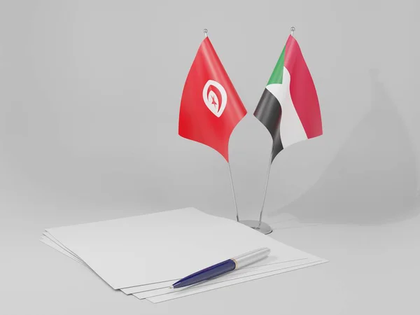 Σουδάν Τυνησία Σημαίες Συμφωνία Λευκό Φόντο Render — Φωτογραφία Αρχείου