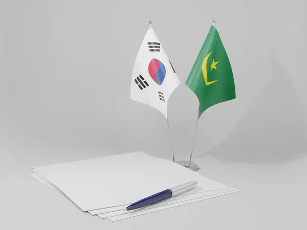 Mauritânia Acordo Coreia Sul Bandeiras Fundo Branco Render — Fotografia de Stock