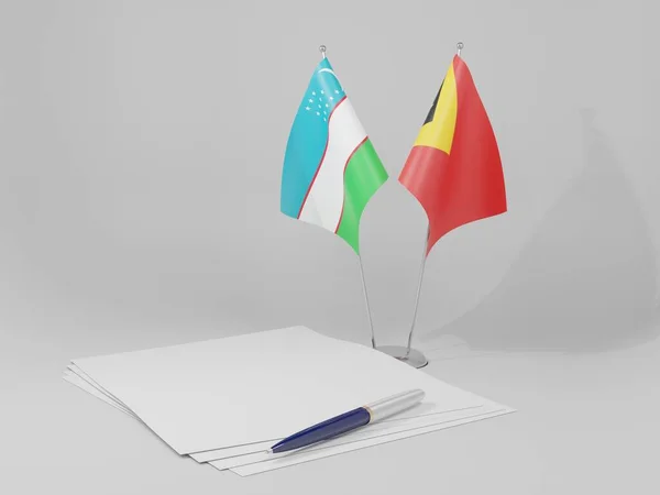 Timor Leste Acordo Usbequistão Bandeiras Fundo Branco Render — Fotografia de Stock