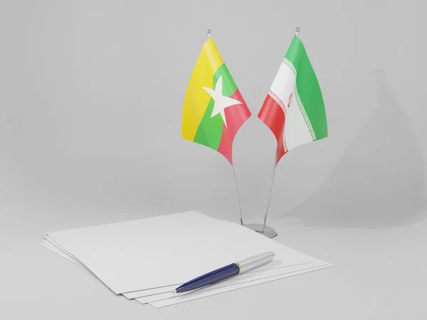 Irã Bandeiras Acordo Mianmar Fundo Branco Render — Fotografia de Stock