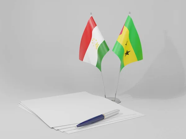 圣多美和普林西比 塔吉克斯坦协定旗帜 白色背景 3D渲染 — 图库照片