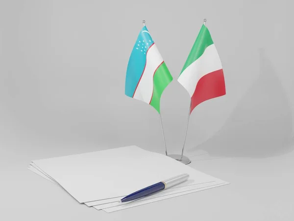 Italia Banderas Del Acuerdo Uzbekistán Fondo Blanco Render —  Fotos de Stock
