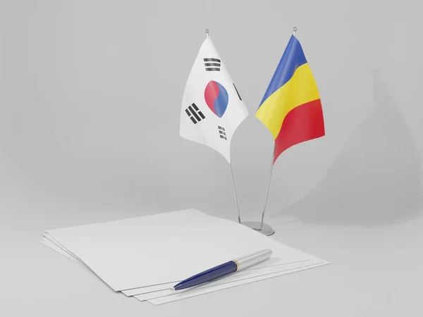 Roménia Acordo Coreia Sul Bandeiras Fundo Branco Render — Fotografia de Stock