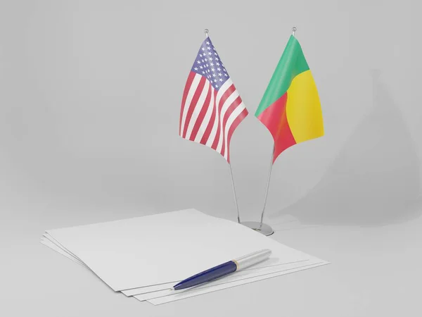 Benin Estados Unidos América Banderas Acuerdo Fondo Blanco Render — Foto de Stock