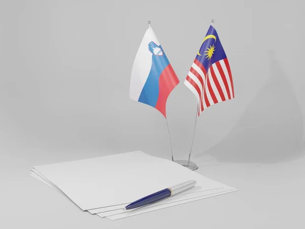 Malajsie Slovinsko Dohody Vlajky Bílé Pozadí Vykreslení — Stock fotografie