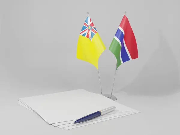 Gambia Banderas Del Acuerdo Niue Fondo Blanco Render —  Fotos de Stock