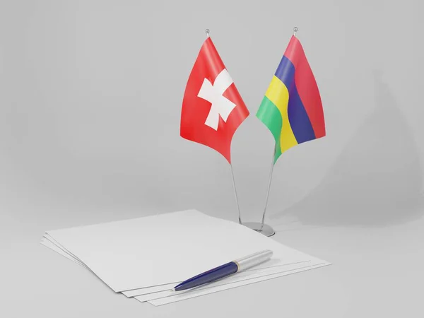 Mauritius Sviçre Anlaşması Bayrakları Beyaz Arkaplan Hazırlama — Stok fotoğraf