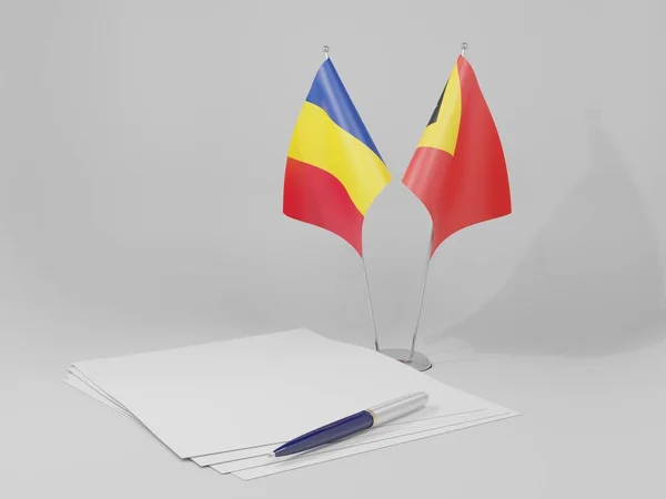 Ανατολικό Τιμόρ Ρουμανία Σημαίες Συμφωνίας Λευκό Φόντο Render — Φωτογραφία Αρχείου