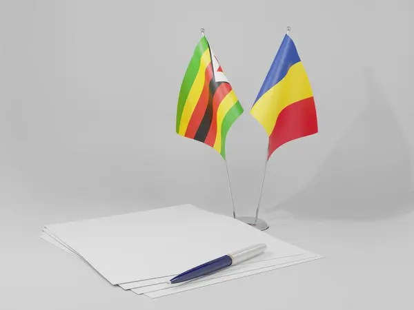 Roumanie Drapeaux Accord Zimbabwe Fond Blanc Render — Photo