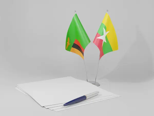 Myanmar Banderas Del Acuerdo Zambia Fondo Blanco Render —  Fotos de Stock