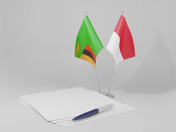 Indonésia Bandeiras Acordo Zâmbia Fundo Branco Render — Fotografia de Stock