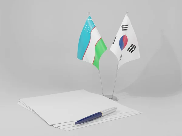 Coreia Sul Acordo Usbequistão Bandeiras Fundo Branco Render — Fotografia de Stock