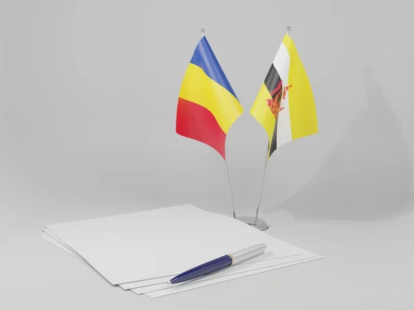 Brunei Banderas Del Acuerdo Rumania Fondo Blanco Render —  Fotos de Stock