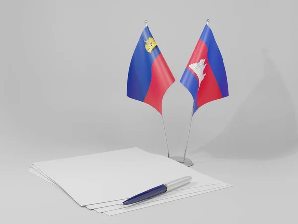 Camboya Banderas Del Acuerdo Liechtenstein Fondo Blanco Render —  Fotos de Stock