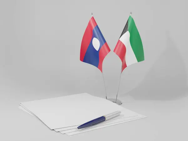 Kuwait Banderas Del Acuerdo Laos Fondo Blanco Render —  Fotos de Stock