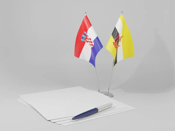 Brunei Banderas Del Acuerdo Croacia Fondo Blanco Render —  Fotos de Stock