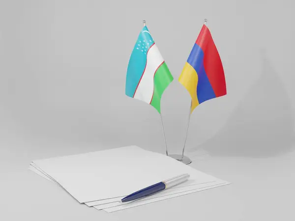 Arménie Drapeaux Accord Ouzbékistan Fond Blanc Render — Photo