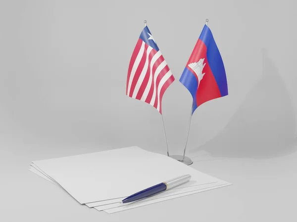 Cambodia Liberia Agreement Flags White Background Render — стокове фото
