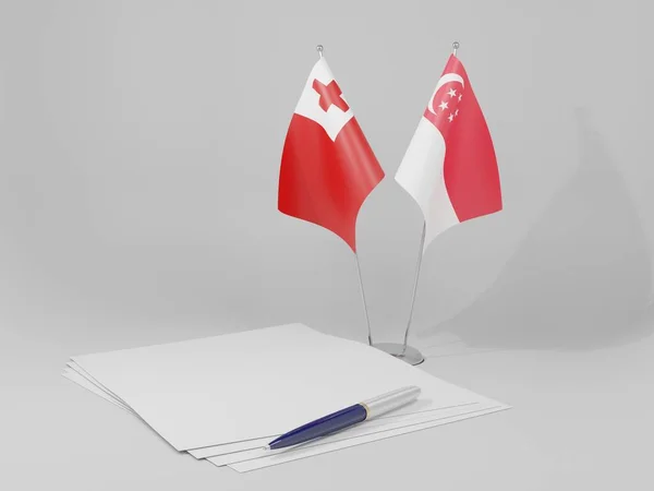 Singapura Bandeiras Acordo Tonga Fundo Branco Render — Fotografia de Stock