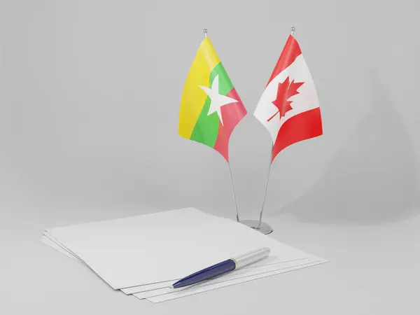 Banderas Del Acuerdo Canadá Myanmar Fondo Blanco Render — Foto de Stock