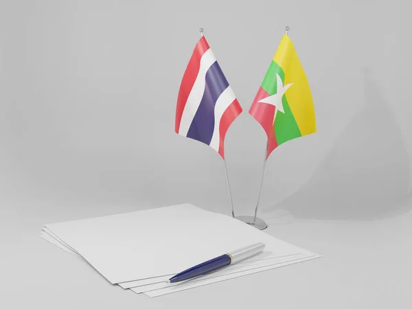 Bandeiras Acordo Mianmar Tailândia Fundo Branco Renderização — Fotografia de Stock