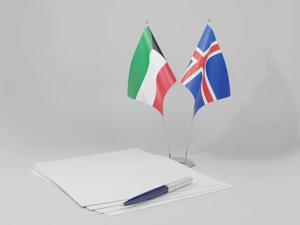 Islândia Bandeiras Acordo Kuwait Fundo Branco Render — Fotografia de Stock