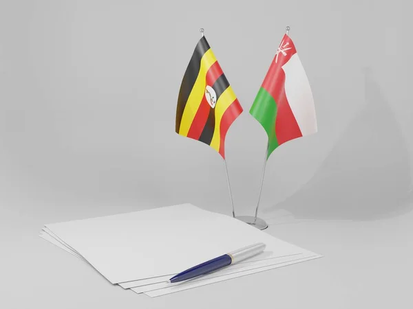 Omán Banderas Del Acuerdo Uganda Fondo Blanco Render —  Fotos de Stock