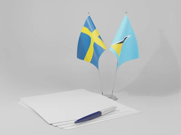 Flagi Saint Lucia Szwecja Porozumienie Białe Tło Render — Zdjęcie stockowe