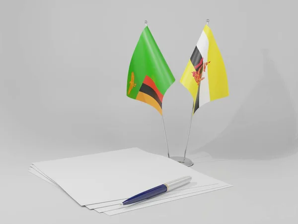 Brunei Banderas Del Acuerdo Zambia Fondo Blanco Render — Foto de Stock