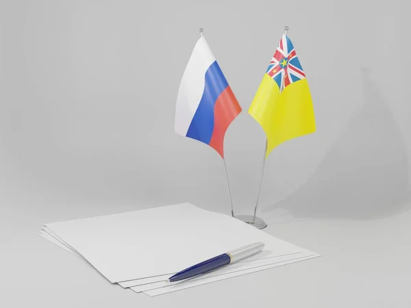Niue Banderas Del Acuerdo Rusia Fondo Blanco Render —  Fotos de Stock