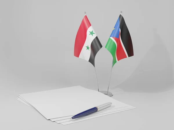 Sudán Del Sur Banderas Del Acuerdo Siria Fondo Blanco Render — Foto de Stock