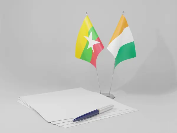 Costa Marfil Banderas Del Acuerdo Myanmar Fondo Blanco Render —  Fotos de Stock