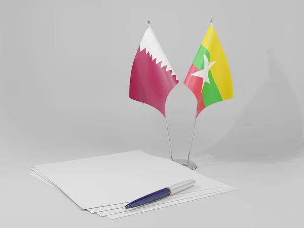Myanmar Overeenkomst Van Qatar Vlaggen Witte Achtergrond Render — Stockfoto