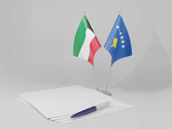 Kosova - Kuveyt Anlaşması Bayrakları, Beyaz Arkaplan - 3D Hazırlama