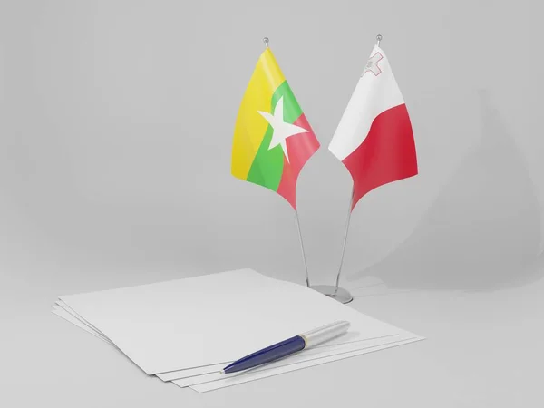 Malta Bandeiras Acordo Mianmar Fundo Branco Render — Fotografia de Stock