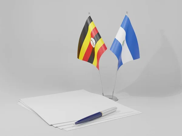 Salvador Uganda Agreement Flags White Background Render — стокове фото