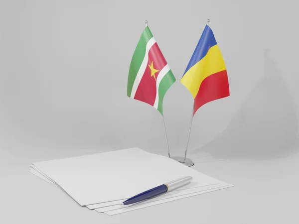 Roumanie Drapeaux Accord Suriname Fond Blanc Render — Photo