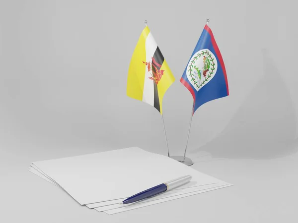 Belize Bandeiras Acordo Brunei Fundo Branco Render — Fotografia de Stock