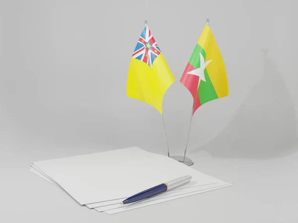 Myanmar Banderas Del Acuerdo Niue Fondo Blanco Render —  Fotos de Stock