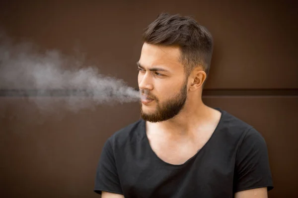 Young Handsome White Bearded Man Black Shirt Smokes Cigarette Street — Stock Photo, Image