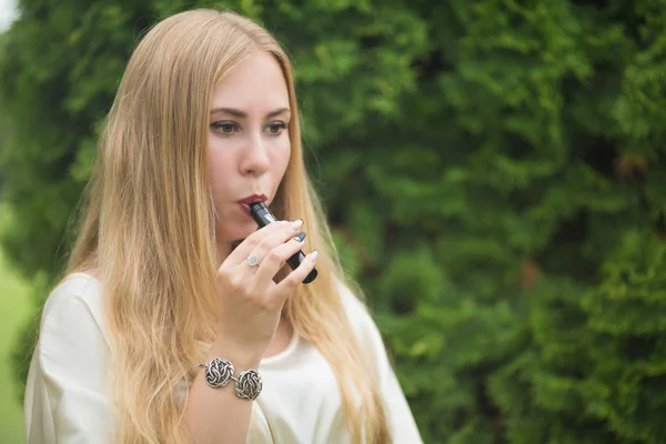 Vape Teenager Young Cute White Girl Dress Vaping Electronic Cigarette — Stock Photo, Image