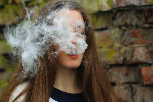 Vape Teenager Young Pretty White Girl Smoking Electronic Cigarette Destroyed — Stock Photo, Image