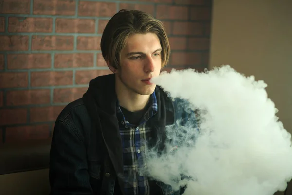 Vape Teenager Portrait Young Handsome Guy Smoking Electronic Cigarette Bar — Stock Photo, Image