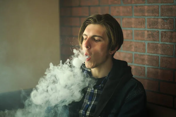 Vape Teenager Portrait Young Handsome Guy Smoking Electronic Cigarette Bar — Stock Photo, Image