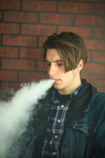 Vape Teenager Portrait Young Handsome Guy Smoking Electronic Cigarette Bar — Stock Photo, Image