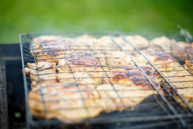 Barbekü. Yaz aylarında arka bahçesinde tavuk göğsü barbekü pişirme. Yakın çekim.