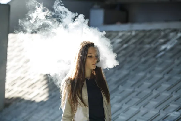 Vape Teenager Young Cute Girl Casual Clothes Smokes Electronic Cigarette — Stock Photo, Image